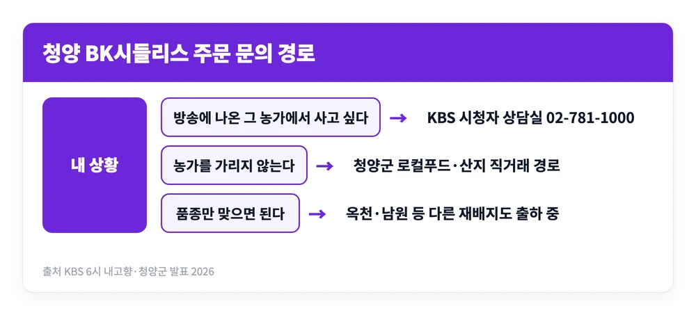 방송에 나온 청양 스마일농원의 BK시들리스를 주문할 때 시청자 상담실과 지역 유통 경로 가운데 어디로 문의할지 정리한 이미지